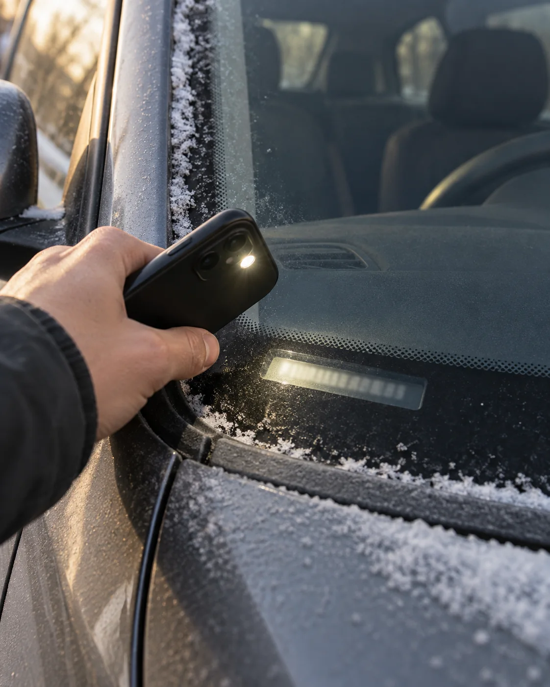 Phone flashlight over a VIN plate and frosted windshield edge
